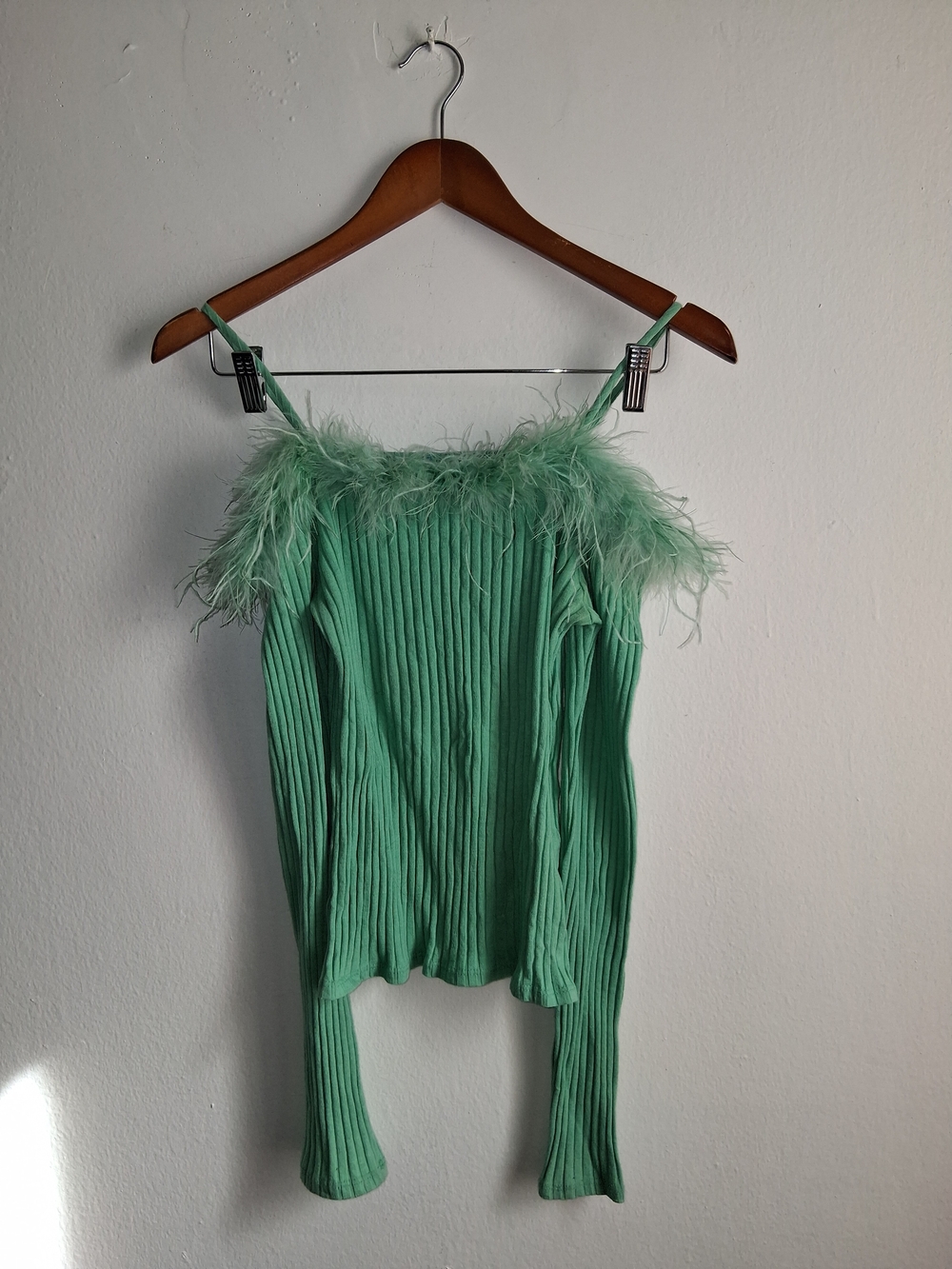 Chocolate Mint Feather-Trim Ribbed Camisole